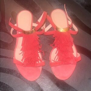 Chloe Red Fringe Sandals with Gold Accent